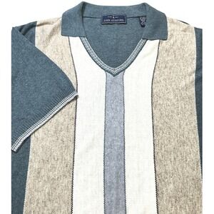 JOHN ASHFORD Mens Vintage Sweater Blue Stripe V Neck Short‎ Sleeve Knit Top XXL